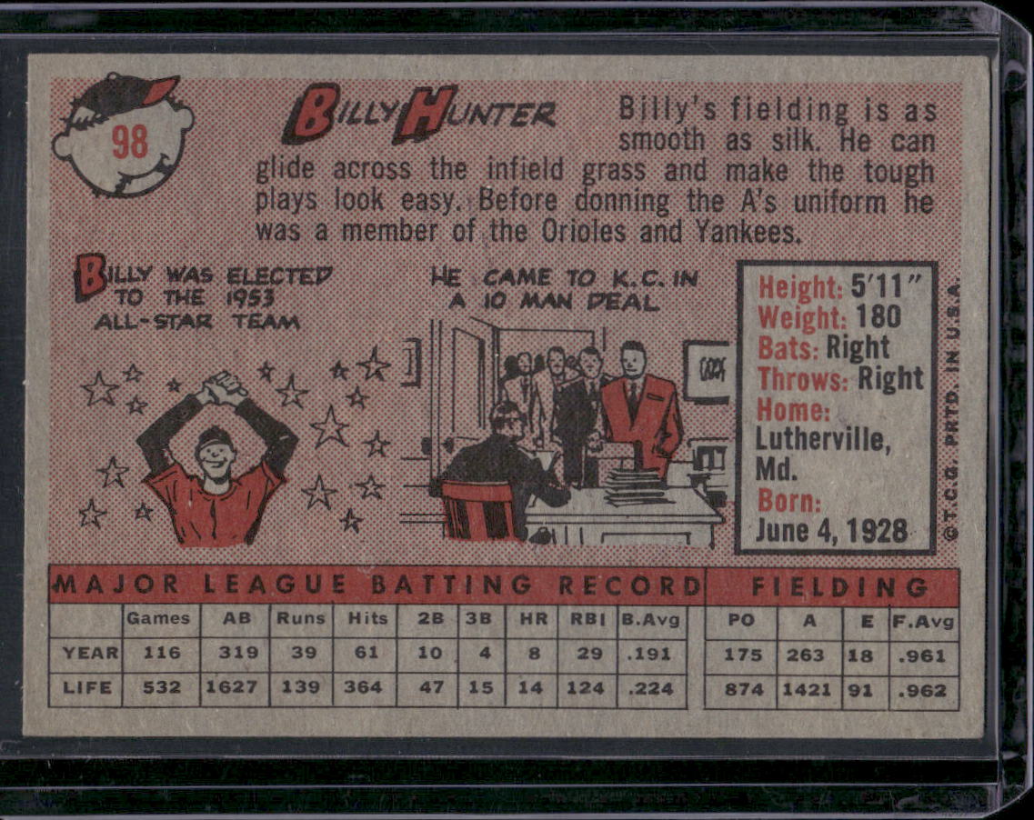 1958 Topps #98a Billy Hunter : Name in white letters