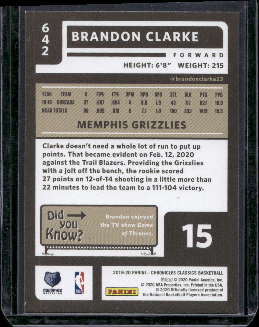 2019-20 Panini Chronicles #642 Brandon Clarke