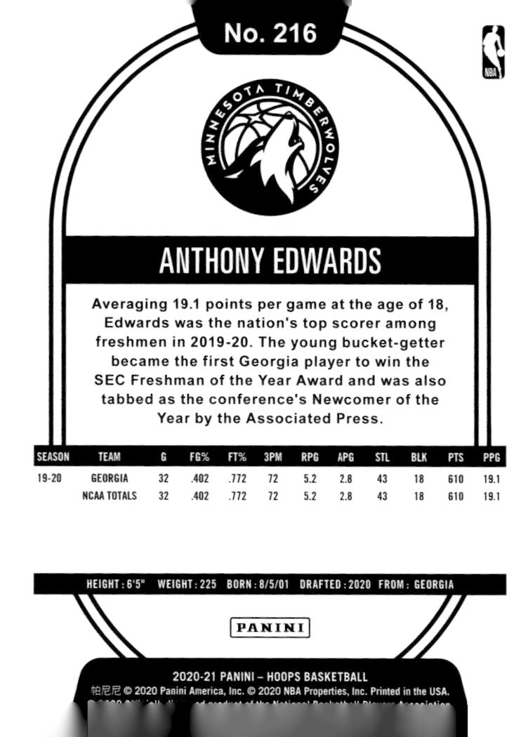 2020-21 Hoops #216 Anthony Edwards