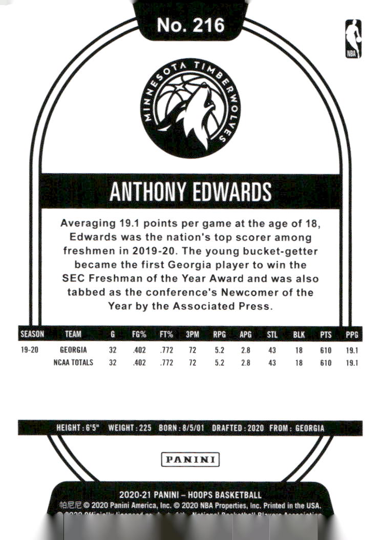 2020-21 Hoops #216 Anthony Edwards