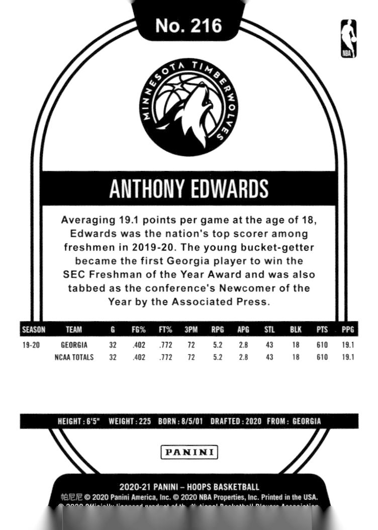2020-21 Hoops #216 Anthony Edwards