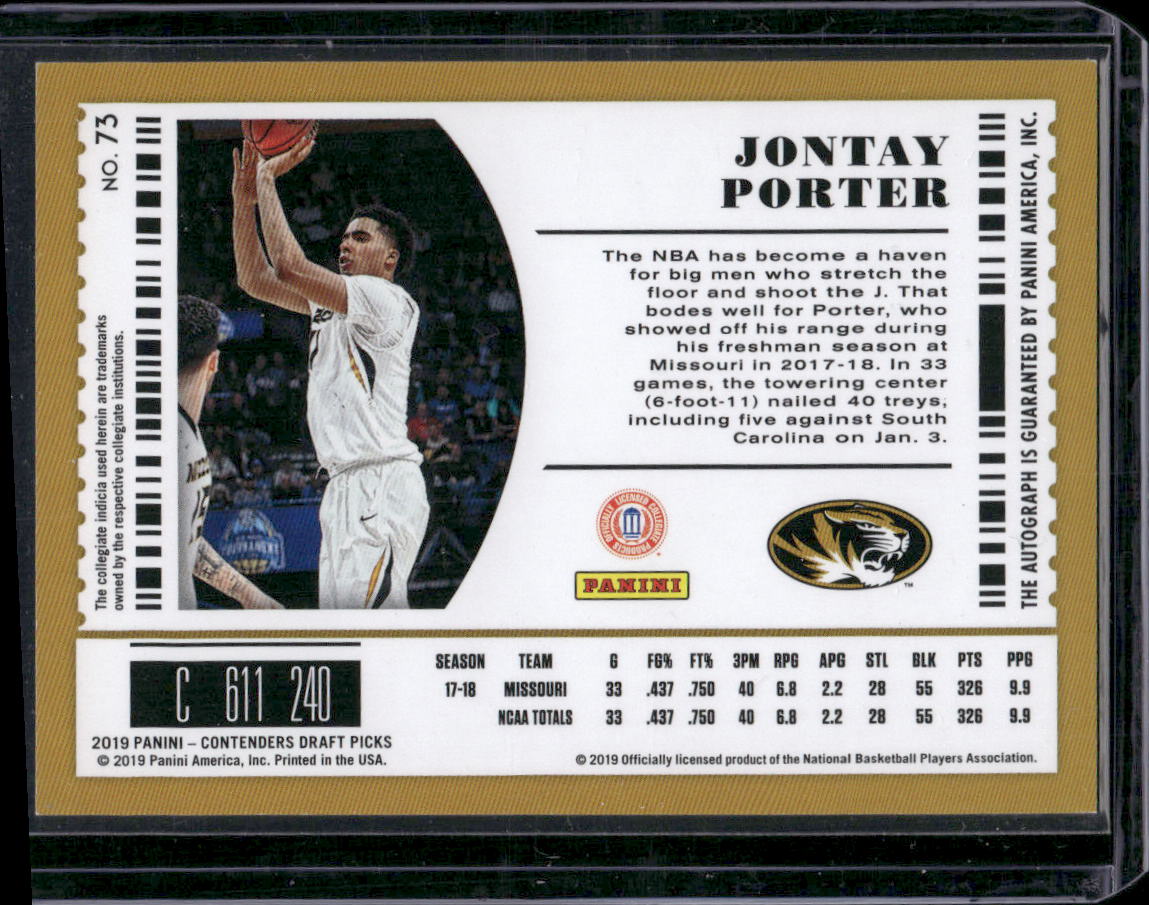 2019 Panini Contenders Draft Picks #73 Jontay Porter