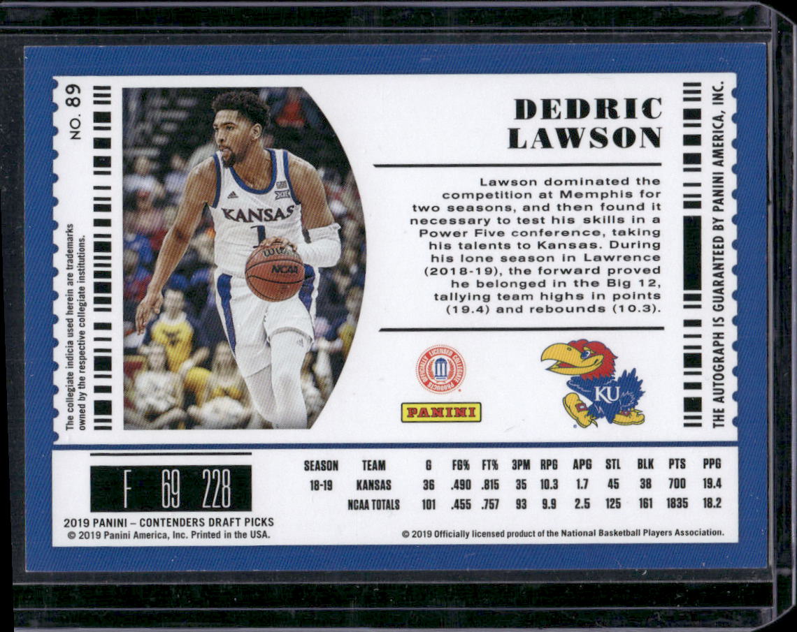 2019 Panini Contenders Draft Picks #89 Dedric Lawson