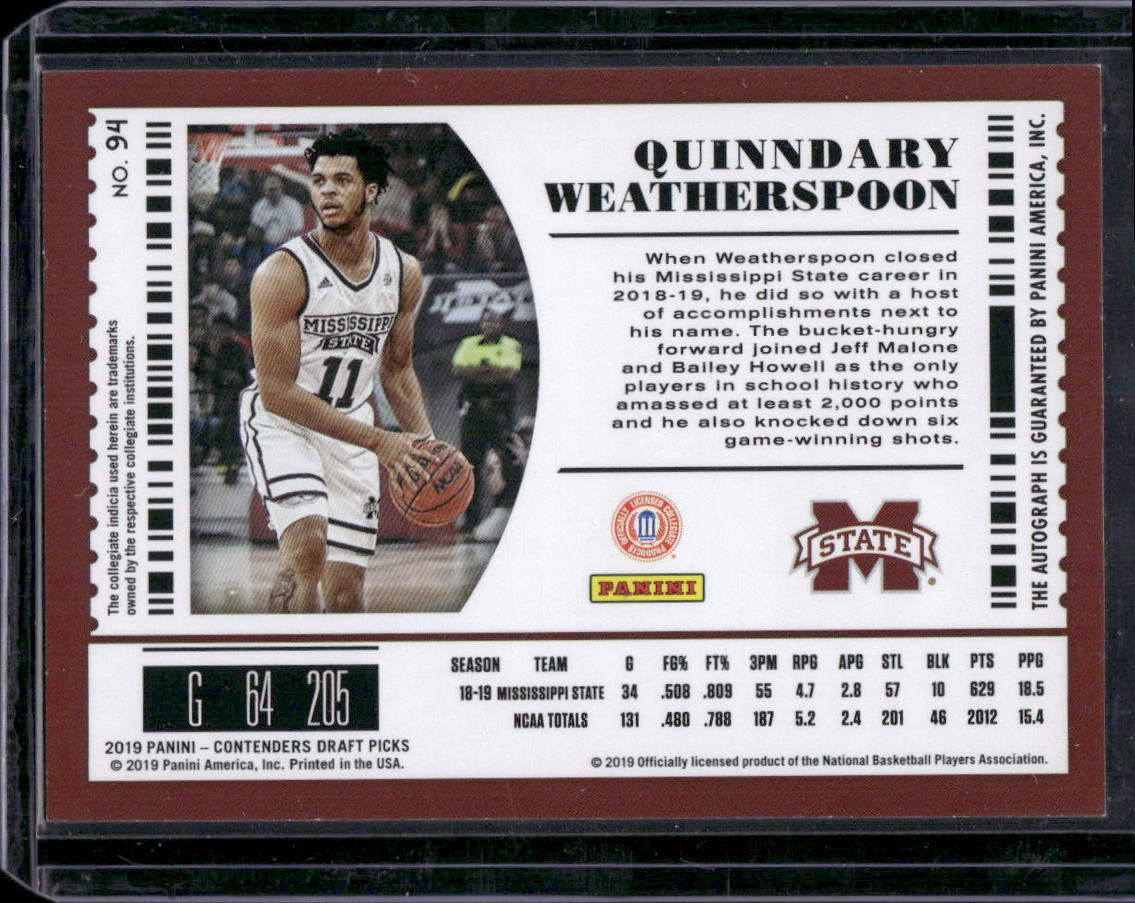 2019 Panini Contenders Draft Picks #94 Quinndary Weatherspoon