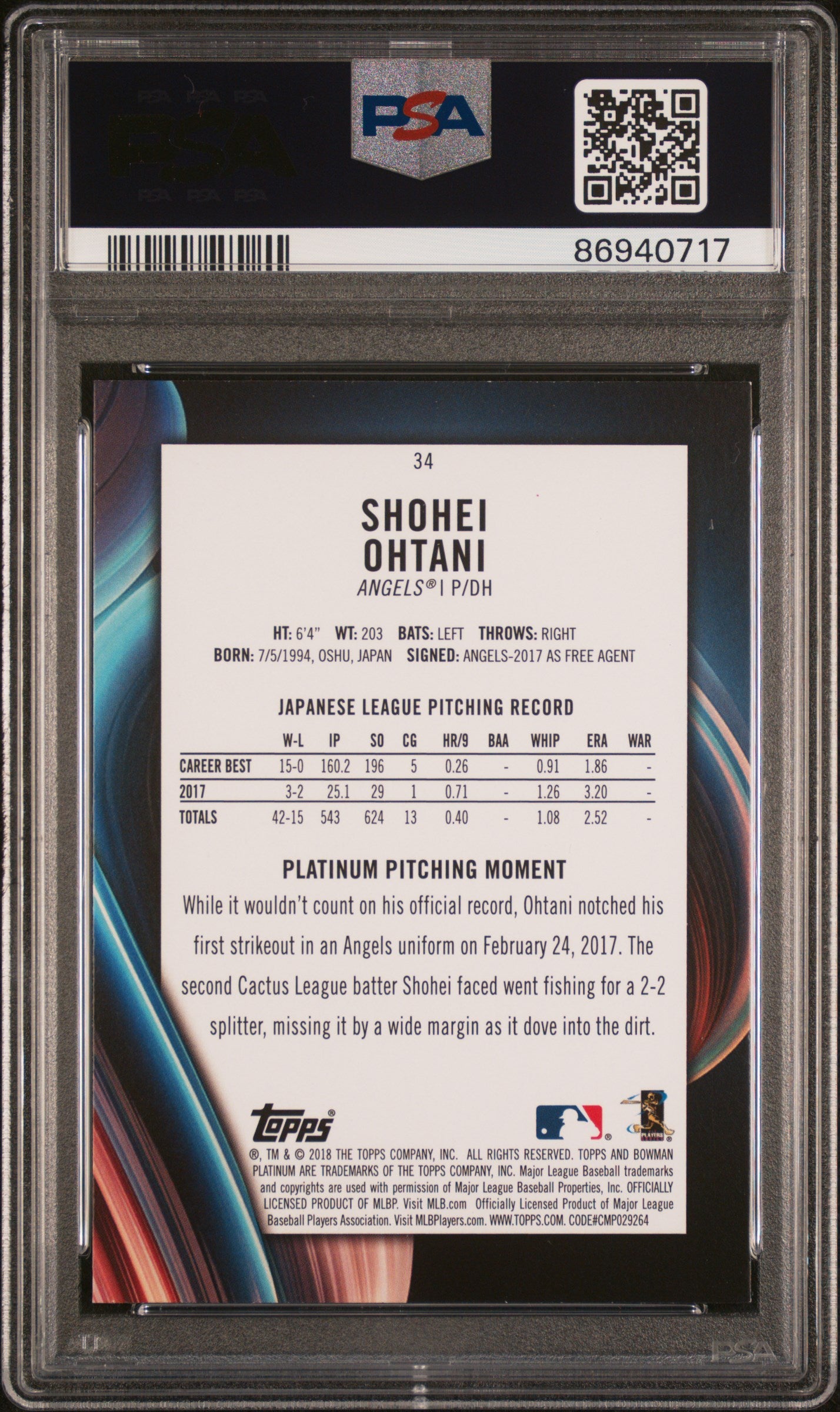 2018 Bowman Platinum #34 Shohei Ohtani PSA 9