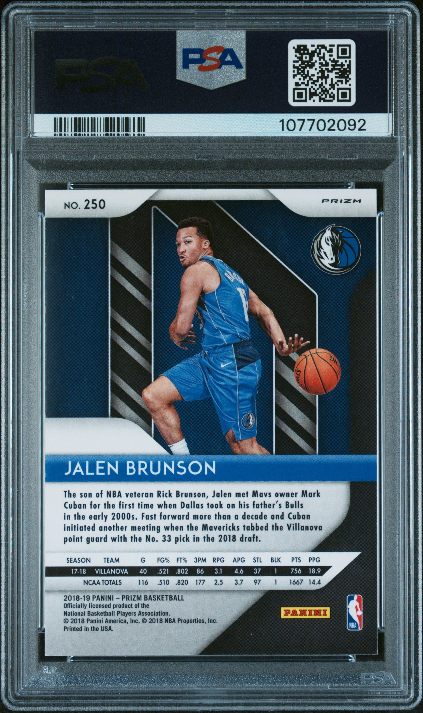 2018-19 Panini Prizm #250 Jalen Brunson Prizm Red White and Blue PSA 9
