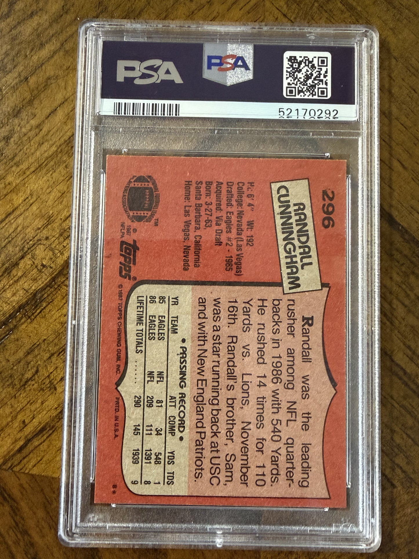 1987 Topps #296 Randall Cunningham PSA 7